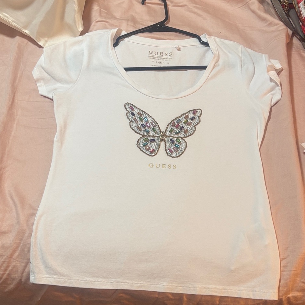 Guess White Tee with Embellished Butterfly Form Fitting